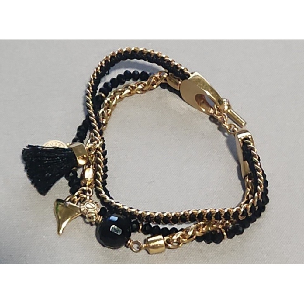Henri Bendel Multi Strand Black Bead Gold Tone Chain Tassel Charm Bracelet - Picture 2 of 11